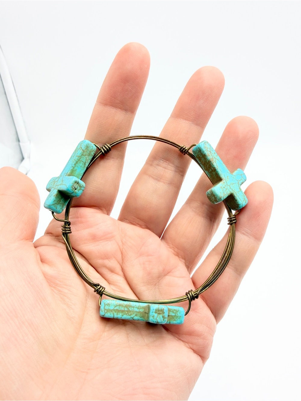 Turquoise Cross Stone Bronze Tone Wire Bangle Bracelet